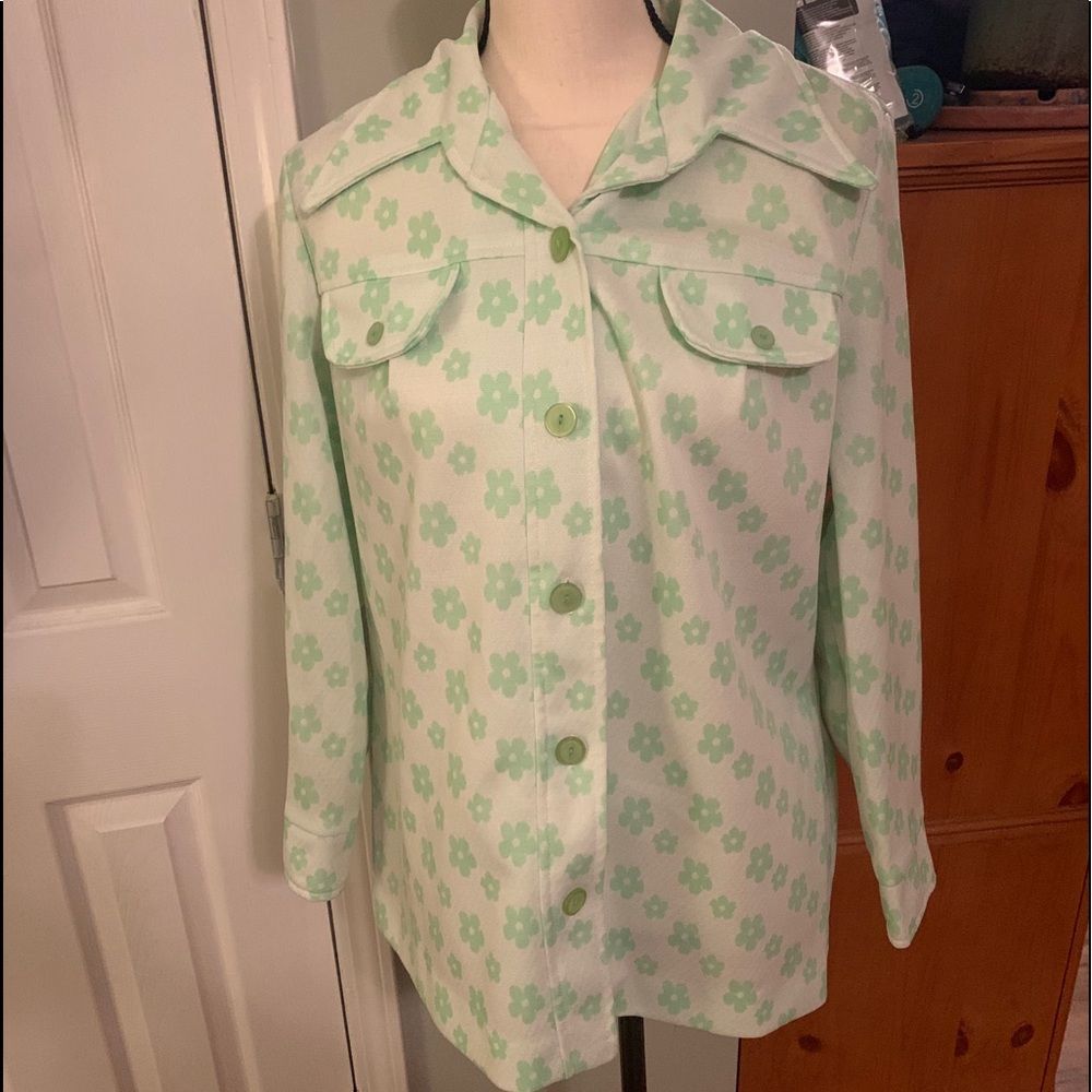 Vtg 70s Floral Boho Polyester L/S Shirt Sz L